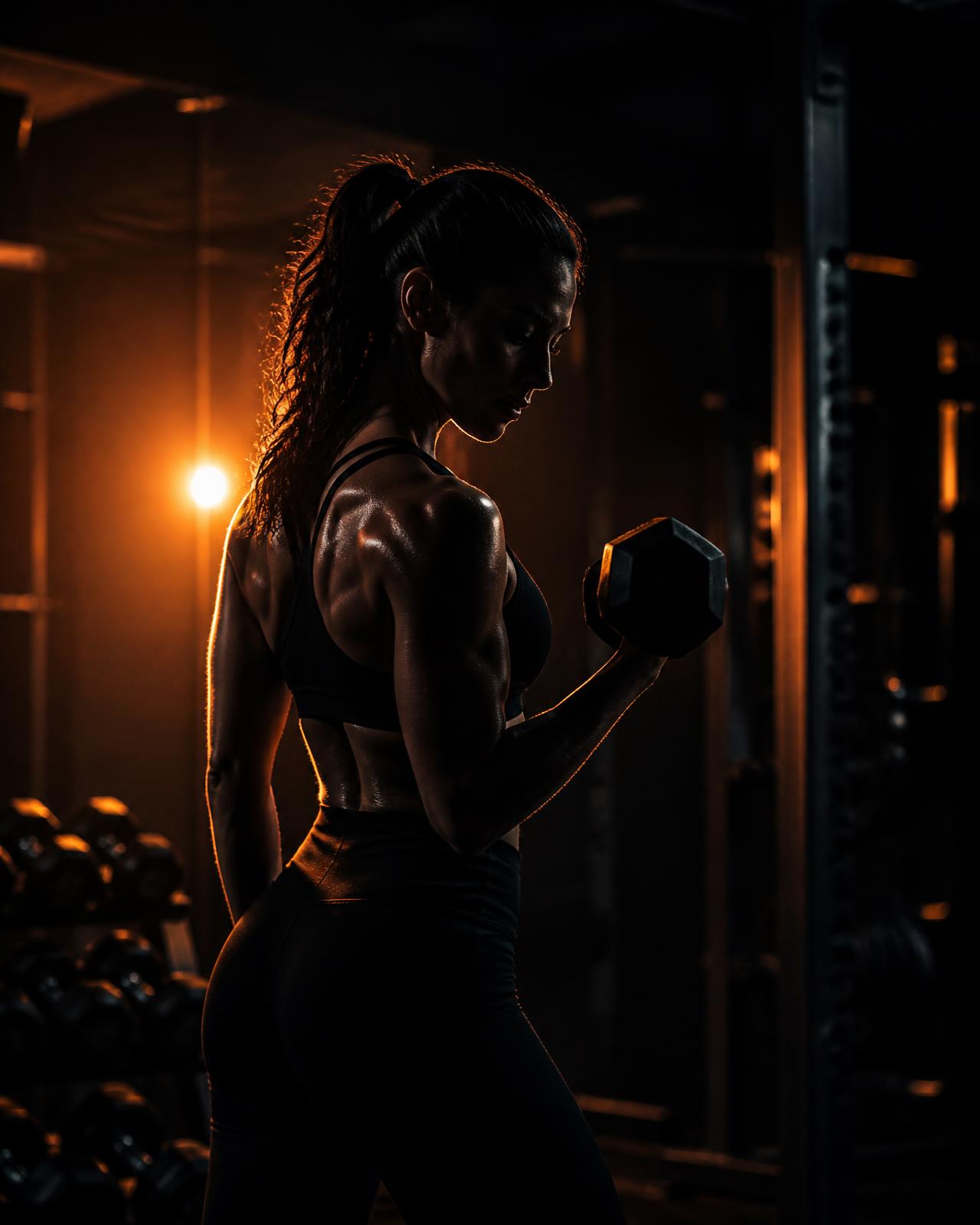 Atleta treinando com halteres em academia com iluminação âmbar